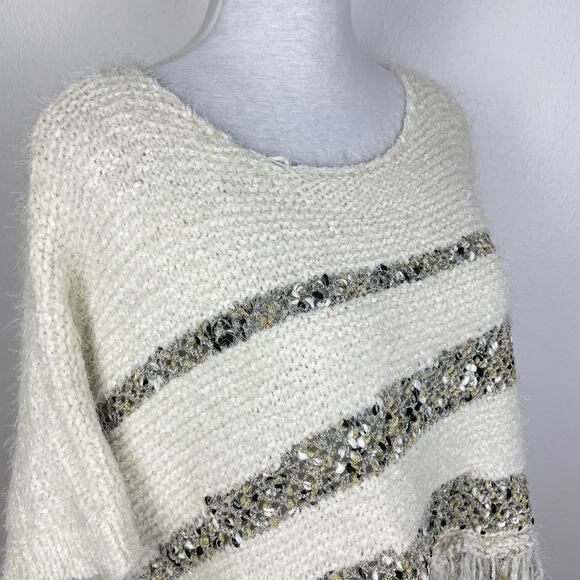 Moth | Anthropologie NWT White Soft Chunky Knit Metallic Stripe Fringe Sweater - Picture 5 of 12